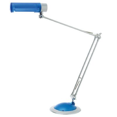 Desk Lighting Fixture With Silver Plastic Arm And Plastic Mount & Head Switch On The Head Blue