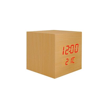 LED Cube Alarm Llock with Thermometer Wood
