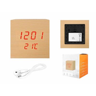 Cube Alarm Llock with Thermometer Natural Wood