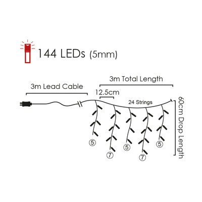 Christmas Led Icicle Lights Warm White 144L 300x60cm Steady mode IP44