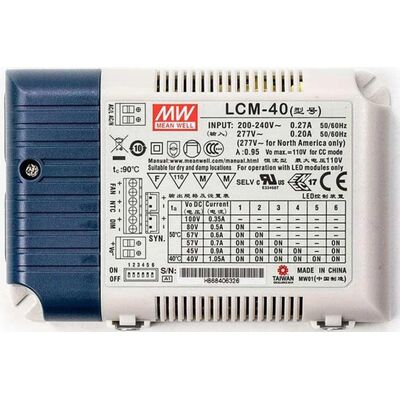 MULTIPLE STAGE CONSTANT CURRENT MODE LED DRIVER 40W/350-1050mA IP20 DIMMABLE LCM-40 Mean Well