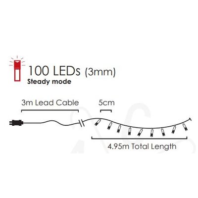 Christmas Led Lights Red 100L 4.95m Steady Mode 934-011