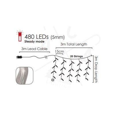 Christmas Led Curtain Lights Cool White 480L 3m x 3m Steady mode 934-039