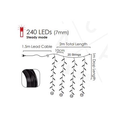 Christmas Led Curtain Lights Warm White 240L 2m x 1m Steady Mode, Rubber Cable 934-043