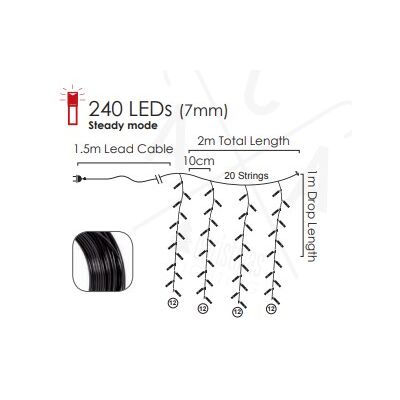 Christmas Led Curtain Lights Cool White 240L 2m x 1m Steady Mode, Rubber Cable 934-044