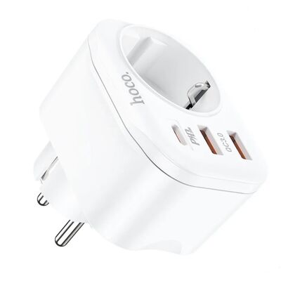Charger Multifunctional Type C PD 20W + 2x USB QC3.0 3A + πρίζα NS3 White HOCO 