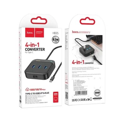 Αντάπτορας HUB 4in1 Type C to USB3.0*3+RJ45 Gigabit Ethernet 0,2m HB35 Μαύρο HOCO