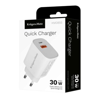 Charger Adapter USB+Type-C 30W Kruger&Matz with Power Delivery and Quick Charge